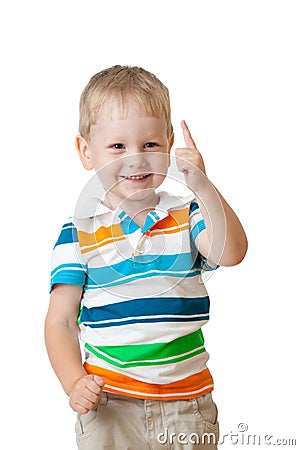 Cute cheerful kid boy with finger up Stock Photo