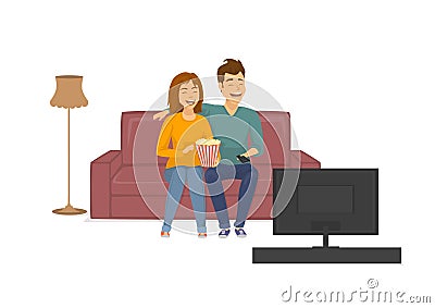 Cute cheerful laughing couple watching funny tv show, sitting on sofa at home Vector Illustration