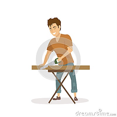 Cute cheerful man cutting wooden plank with a saw Vector Illustration