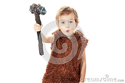 Cute cheerful naughty child playing with axe isolated on white Stock Photo