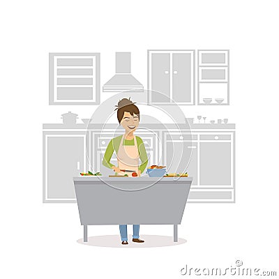 Cute cheerful woman cooking in the kitchen, preparing food Vector Illustration