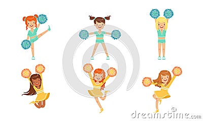 Cute Cheerleader Girls Dancing Set, Smiling Girls Dancers with Pompoms During Sports Competition Vector Illustration Vector Illustration