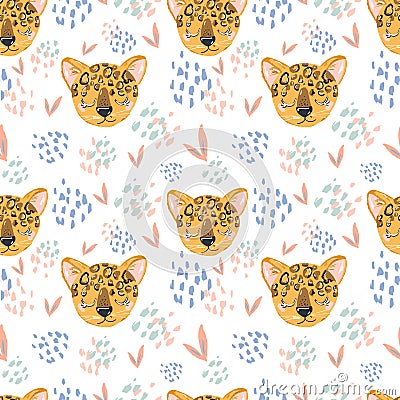 Cute cheetah doodle hand drawn flat seamless pattern. Cartoon abstract animal in scandinavian style. Wild rainforest animal. Grass Vector Illustration