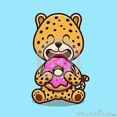 Cute cheetah eating doughnut cartoon vector icon illustration Vector Illustration