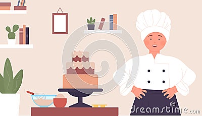 Cute chef child baking sweet cake, little confectioner baker in chef hat, apron standing Vector Illustration