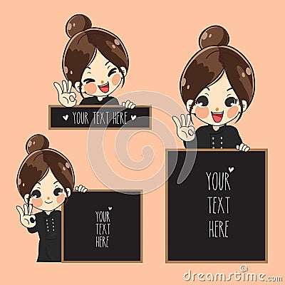 Cute chef girl and space signage. Vector Illustration