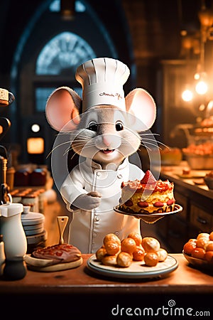 Cute chef mouse confectioner holds a cake in his hands at the kitchen Stock Photo