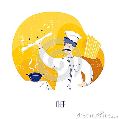 Cute chef with a mustache twirls pizza dough in the air in the kitchen. Vector culinary banner Vector Illustration