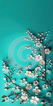 Cute cherry blossoms in tree branch over turquoise background. Banner for copy space. Stock Photo