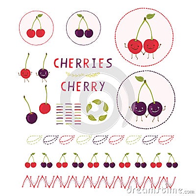 Cute cherry vector illustration clipart set. Hand drawn kawaii cherries leaf Vector Illustration