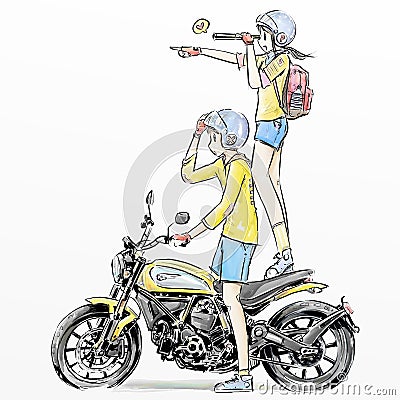 Cute boy and girl riding scooter Stock Photo