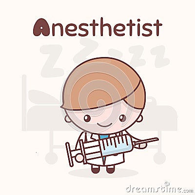 Cute chibi kawaii characters. Alphabet professions. The Letter A - Anesthetist. Vector Illustration