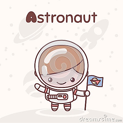 Cute chibi kawaii characters. Alphabet professions. Letter A - Astronaut Vector Illustration