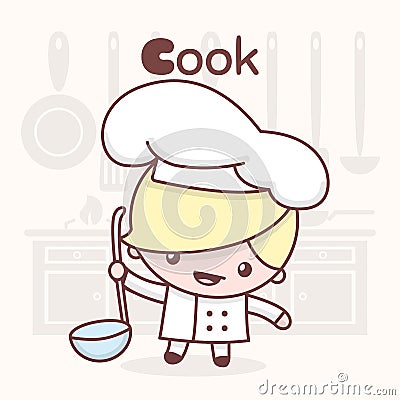 Cute chibi kawaii characters. Alphabet professions. Letter C - Cook. Vector Illustration