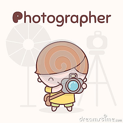 Cute chibi kawaii characters. Alphabet professions. Letter P - Photographer Stock Photo