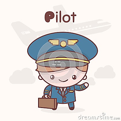 Cute chibi kawaii characters. Alphabet professions. Letter P - Pilot Vector Illustration