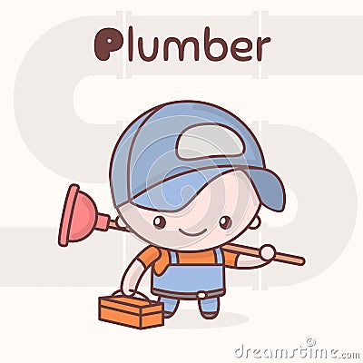 Cute chibi kawaii characters. Alphabet professions. The Letter P - Plumber. Vector Illustration