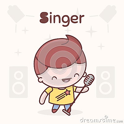 Cute chibi kawaii characters. Alphabet professions. Letter S - Singer Vector Illustration