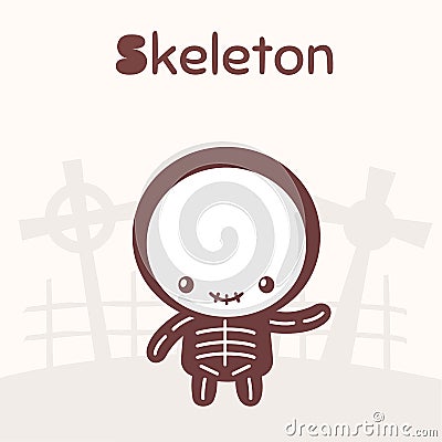 Cute chibi kawaii characters Halloween set. Cheerful boy in a skeleton costume on the background of a cemetery. Flat cartoon style Vector Illustration