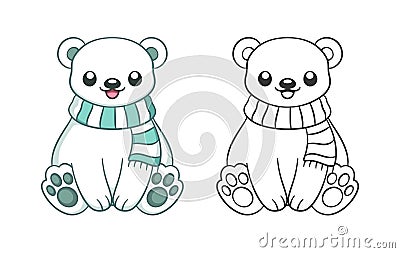 Cute chibi snow polar bear wearing a scarf outline and colored doodle cartoon illustration set. Winter Christmas theme coloring Vector Illustration