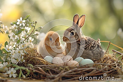 Cute chick and a bunny nest with pastel Easter eggs. Generate ai Stock Photo