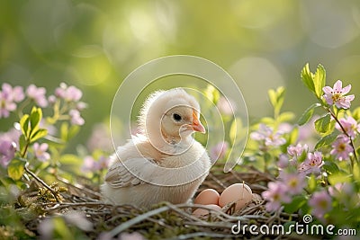 Cute chick in a nest with pastel Easter eggs. Generate ai Stock Photo