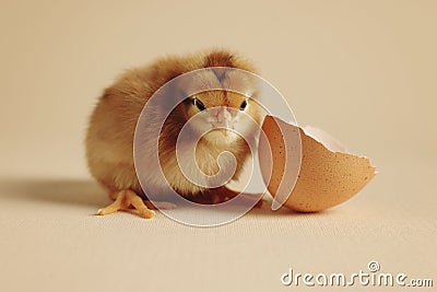 Cute chick and piece of eggshell on beige background, closeup. Baby animal Stock Photo