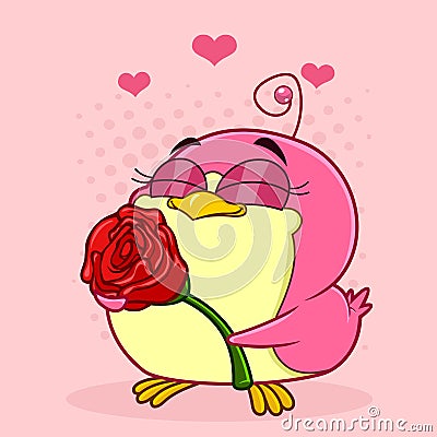 Cute Chickadee Bird Cartoon Character Holding A Rose Vector Illustration