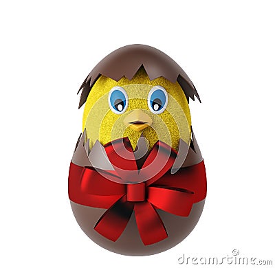 Cute chicken in chocolate egg isolated on white background. 3d render Stock Photo