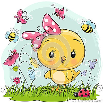 Cute Chicken with flowers and butterflies Vector Illustration