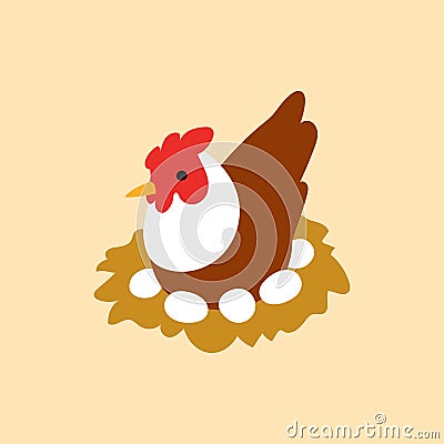 Cute chicken sitting on white eggs in nest isolated on beige background vector Vector Illustration