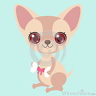 Cute chihuahua with a bone gift. Funny sticker for a gift. Character for birthday or valentine`s day. Vector Illustration