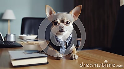 cute chihuahua in a business suit at the table in the office Stock Photo