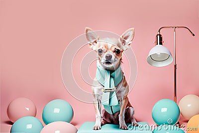 Cute Chihuahua dog in luxe modern interior with colors balls. Copy space. Adorable puppy. Advertisement, banner, poster, postcard Stock Photo