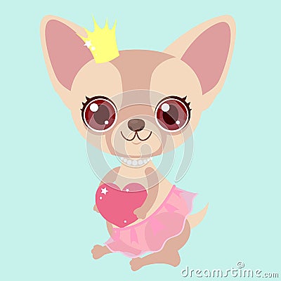 Cute chihuahua princess with heart gift. Funny sticker for a gift. Character for birthday or valentine`s day. Vector Illustration