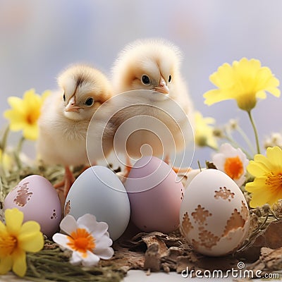 cute chiken and easter egg with spring flowers Stock Photo