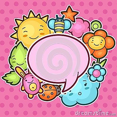 Cute child background with kawaii doodles. Spring collection of cheerful cartoon characters sun, cloud, flower, leaf Vector Illustration