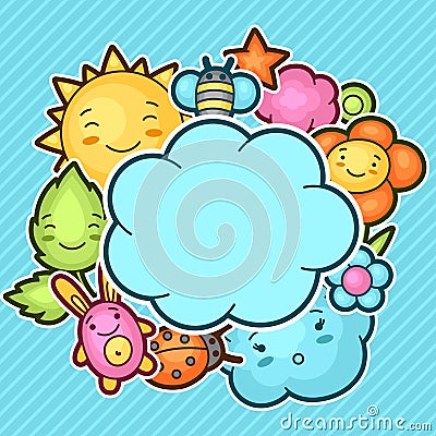 Cute child background with kawaii doodles. Spring collection of cheerful cartoon characters sun, cloud, flower, leaf Vector Illustration