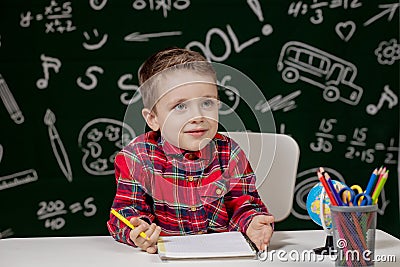 Cute child boy doing homework. Clever kid drawing at desk. Schoolboy. Elementary school student drawing at workplace. Kid enjoy Stock Photo