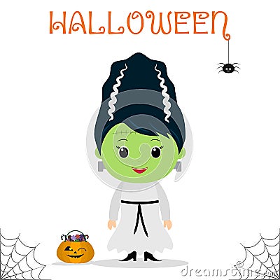 Cute child dressed in a Frankenstein bride costume, pumpkin with candies, celebration at a Halloween party, isolated on a white ba Vector Illustration