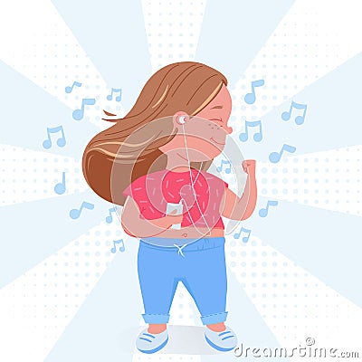Cute child girl listen to music. Happy dancing with mp3 player. Vector Illustration