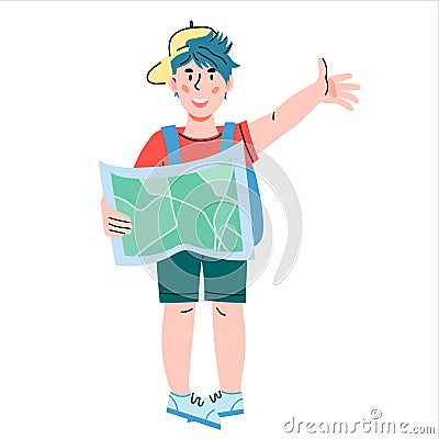 Cute child girl the little explorer, traveler ready for adventure, vector isolated. Vector Illustration