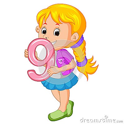 Cute child holding balloon with number nine Vector Illustration