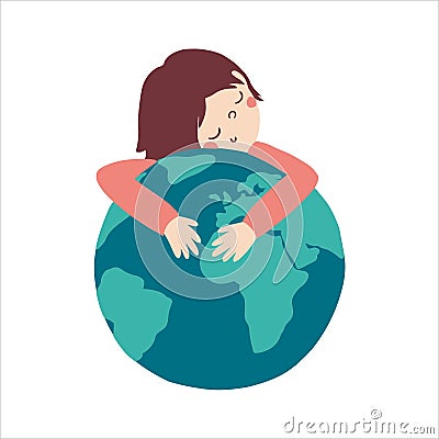 Cute Child hugs a globe. Flat Postcard for the Earth day. Childish vector Illustration with save the planet meaning. Perfect for Vector Illustration