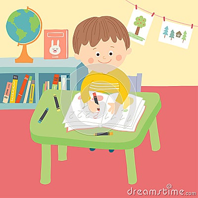 Cute child in school classroom sitting at desk and writing. Cartoon Illustration