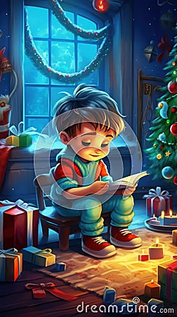 Cute Child Writes a Letter to Santa Claus. Christmas concept. Christmas Tree. New Year. Santa Claus Concept. Stock Photo
