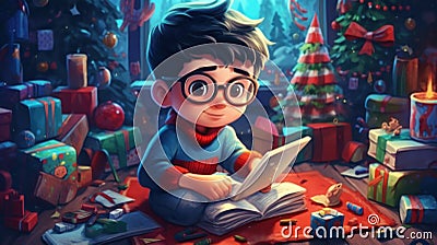 Cute Child Writes a Letter to Santa Claus. Christmas concept. Christmas Tree. New Year. Santa Claus Concept. Stock Photo