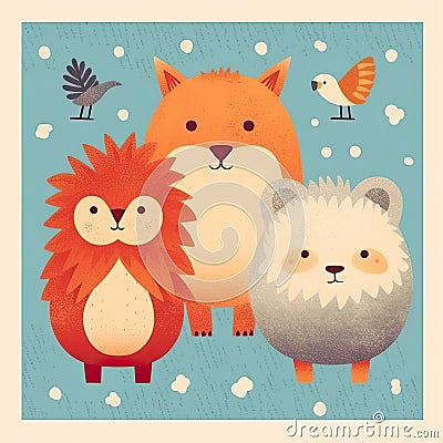 Cute childish card with funny animals. Illustration AI Generative Stock Photo