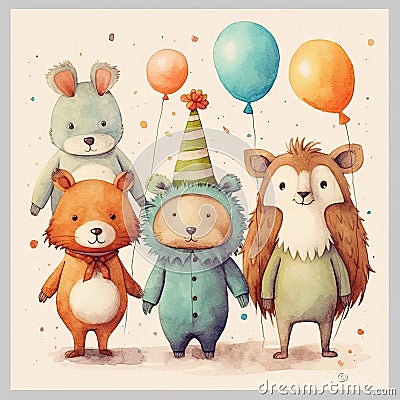 Cute childish card with funny animals. Illustration AI Generative Stock Photo