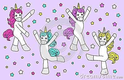 Cute childish cartoon characters as magic rainbow hair unicorn Vector Illustration